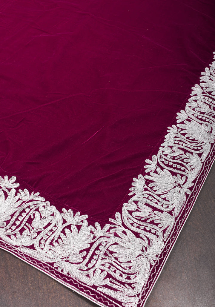 Maroon Exquisite  Velvet Saree with Kashmiri Tilla Work Style Embroidery with Beautiful Pallu
