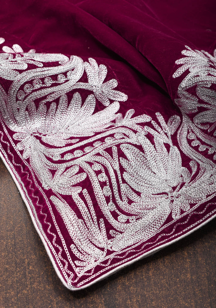 Maroon Exquisite  Velvet Saree with Kashmiri Tilla Work Style Embroidery with Beautiful Pallu