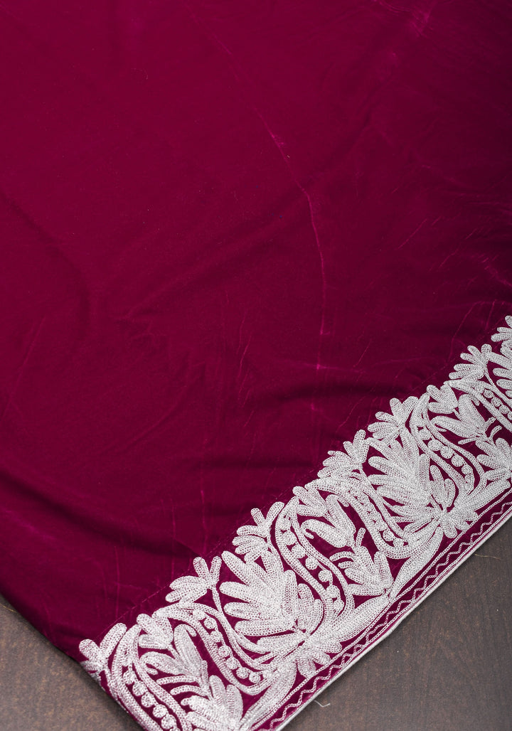 Maroon Exquisite  Velvet Saree with Kashmiri Tilla Work Style Embroidery with Beautiful Pallu