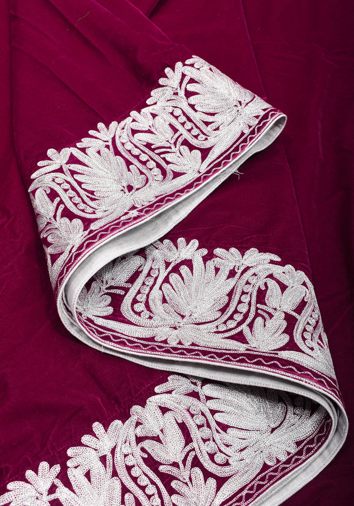 Maroon Exquisite  Velvet Saree with Kashmiri Tilla Work Style Embroidery with Beautiful Pallu