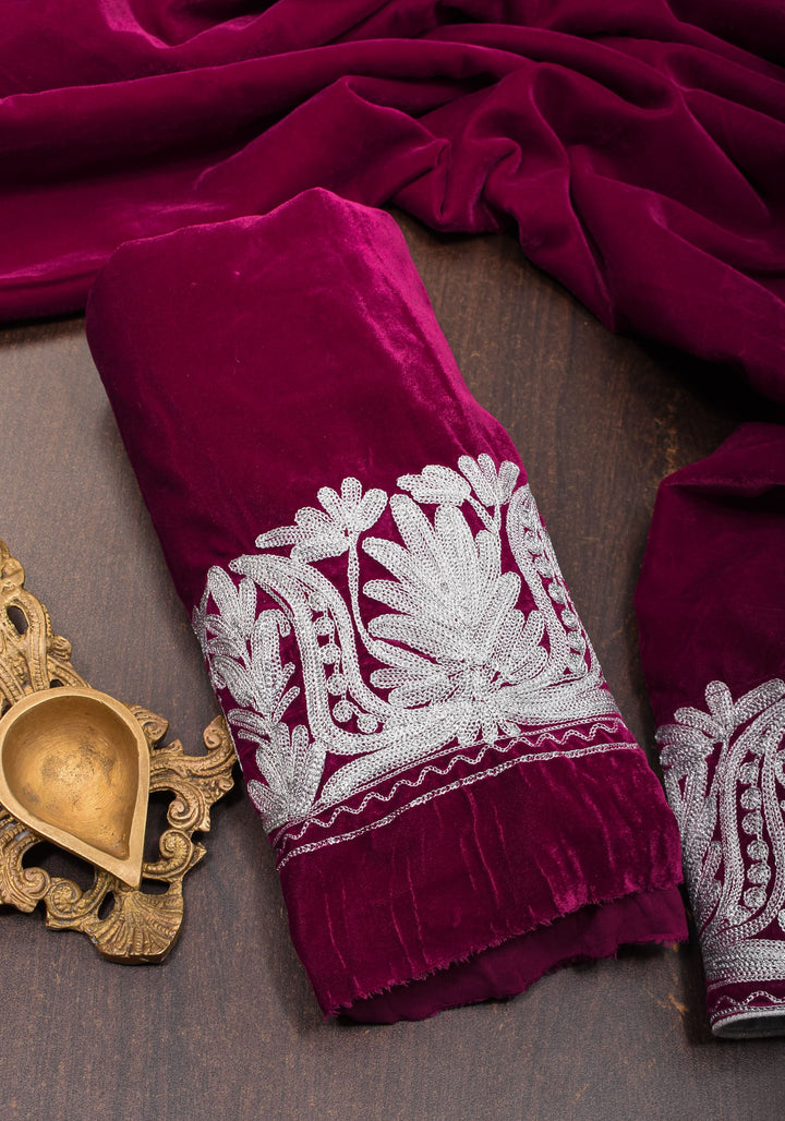 Maroon Exquisite  Velvet Saree with Kashmiri Tilla Work Style Embroidery with Beautiful Pallu