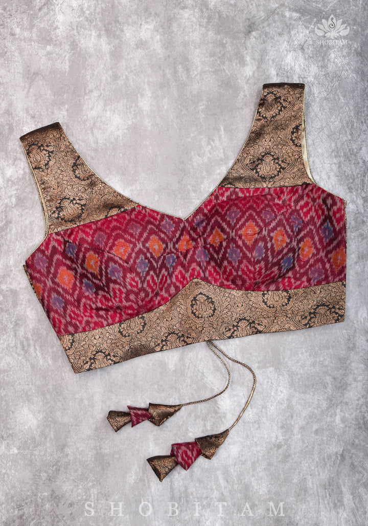 Pure Raw Silk with Ikkat weave and Banarasi pure silk brocade Blouse in maroon and Black