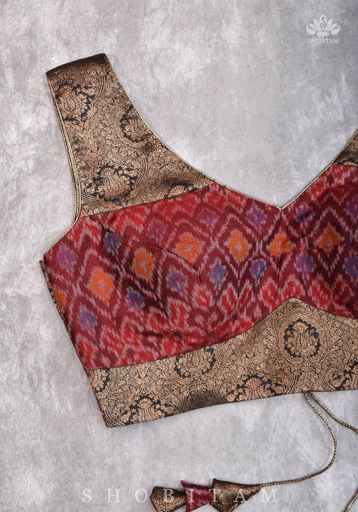Pure Raw Silk with Ikkat weave and Banarasi pure silk brocade Blouse in maroon and Black