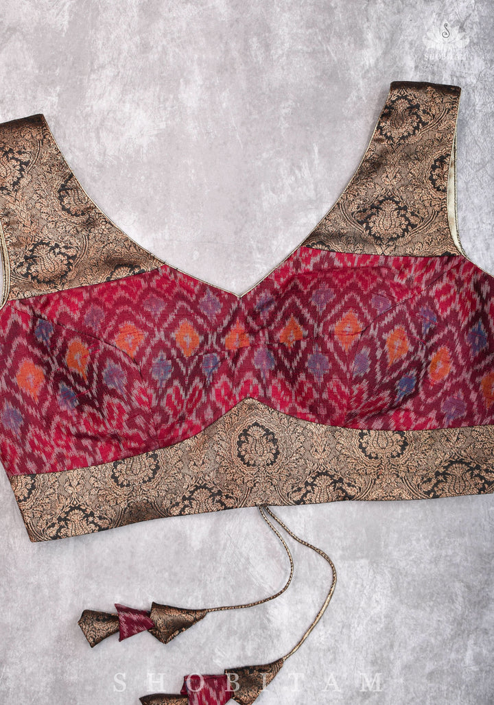 Pure Raw Silk with Ikkat weave and Banarasi pure silk brocade Blouse in maroon and Black