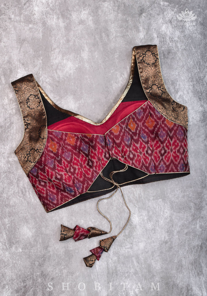 Pure Raw Silk with Ikkat weave and Banarasi pure silk brocade Blouse in maroon and Black