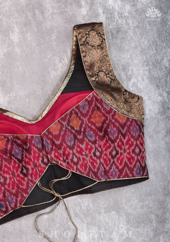 Pure Raw Silk with Ikkat weave and Banarasi pure silk brocade Blouse in maroon and Black