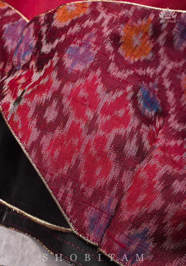 Pure Raw Silk with Ikkat weave and Banarasi pure silk brocade Blouse in maroon and Black