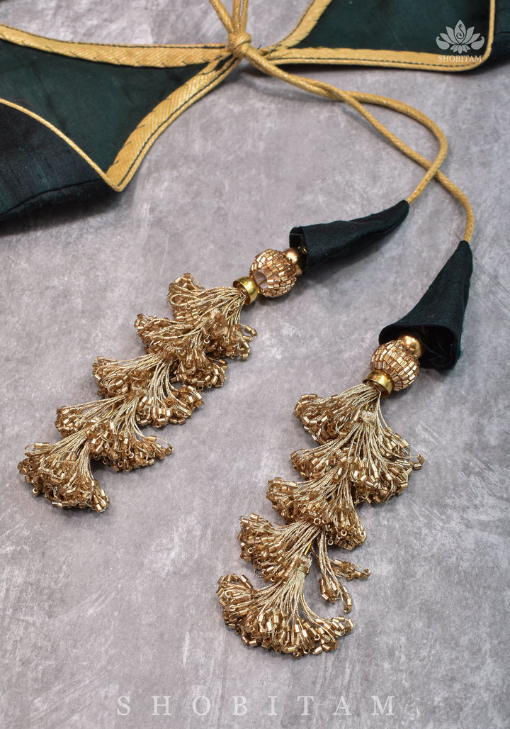 Green Pure Raw Silk Blouse with Leaf Neck, Zari detailing and Cutdana Tassels