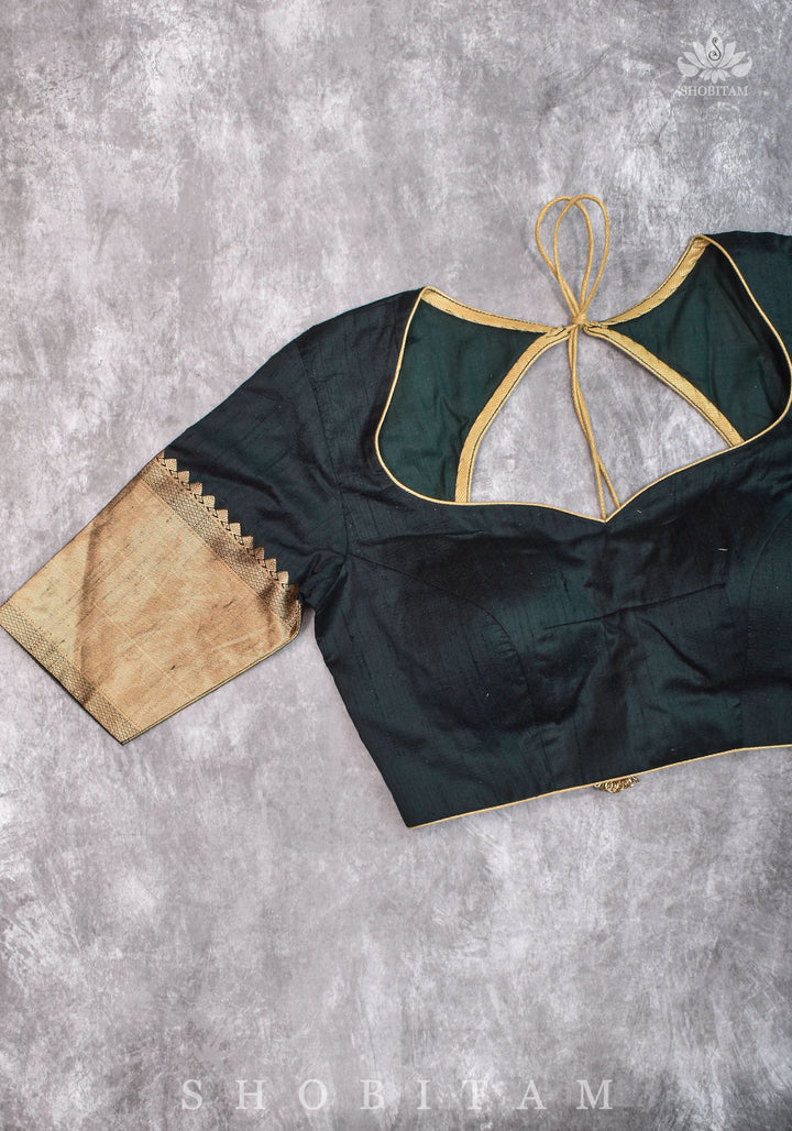 Green Pure Raw Silk Blouse with Leaf Neck, Zari detailing and Cutdana Tassels