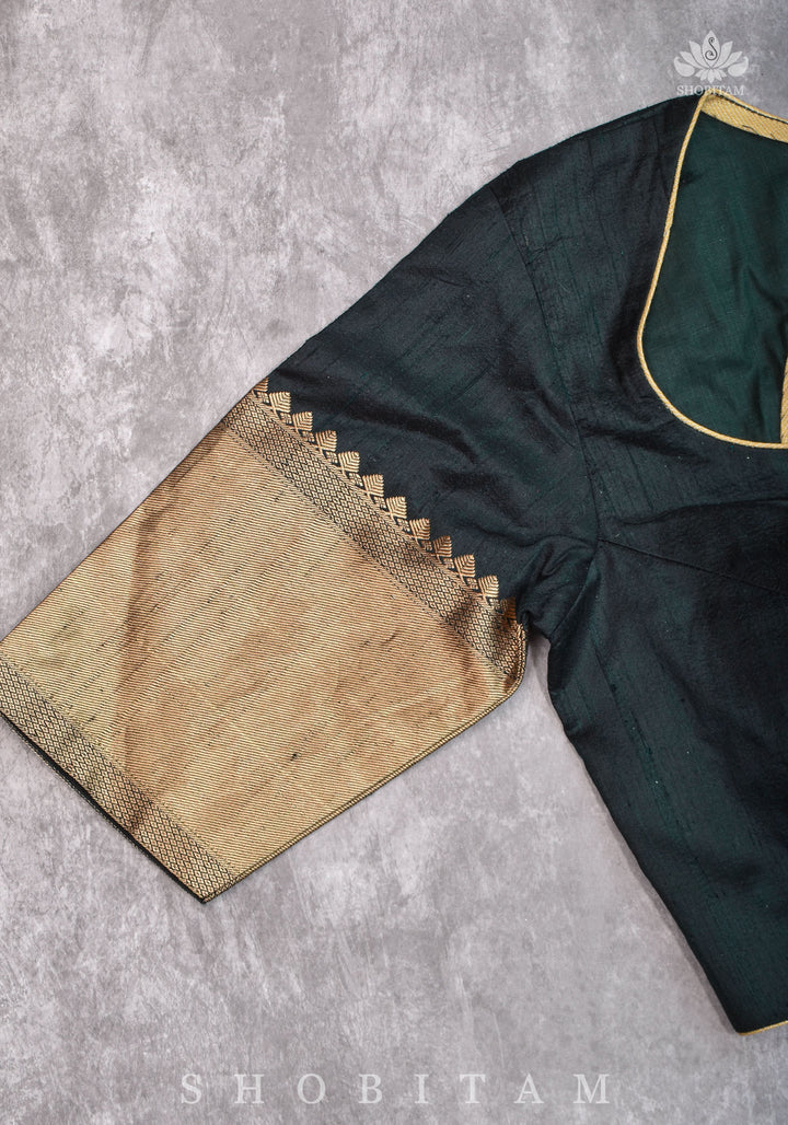 Green Pure Raw Silk Blouse with Leaf Neck, Zari detailing and Cutdana Tassels