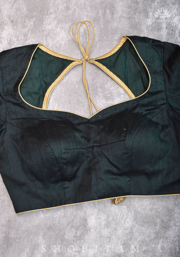Green Pure Raw Silk Blouse with Leaf Neck, Zari detailing and Cutdana Tassels