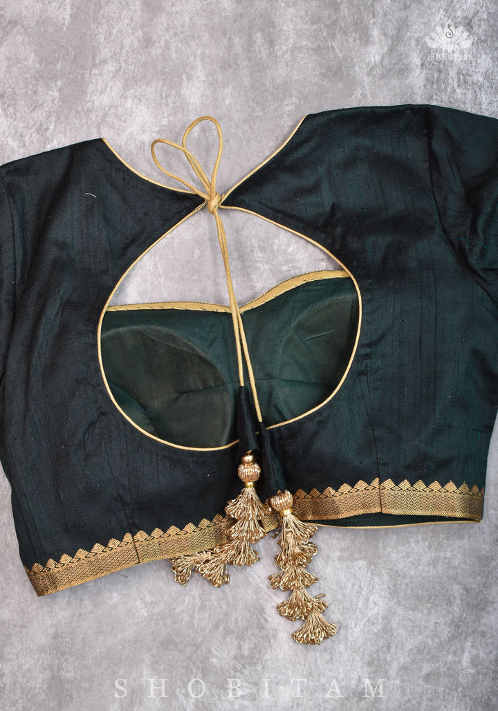 Green Pure Raw Silk Blouse with Leaf Neck, Zari detailing and Cutdana Tassels