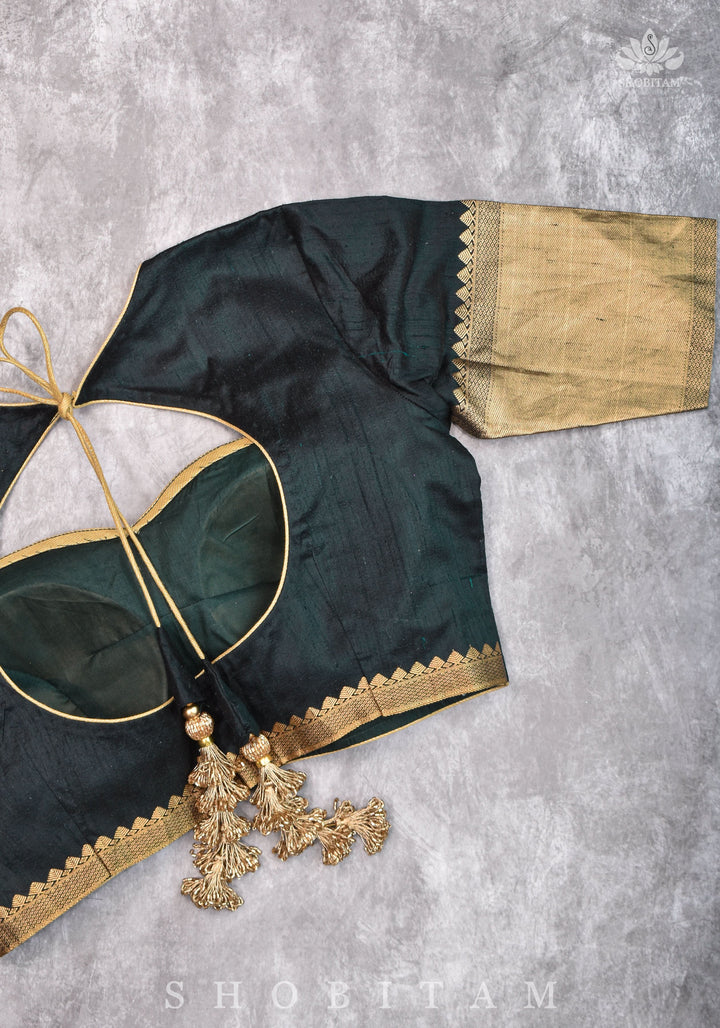 Green Pure Raw Silk Blouse with Leaf Neck, Zari detailing and Cutdana Tassels