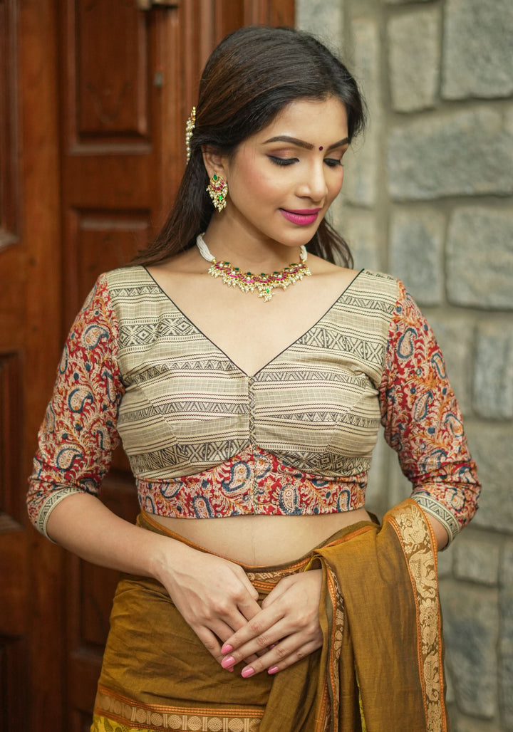 Beige and maroon Handloom Cotton and Block print Kalamkari Blouse