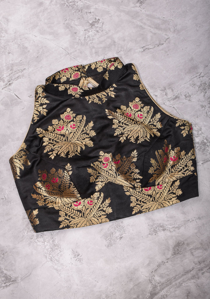 Black Meenakari halter neck mix and match blouse for saree, Made to Order