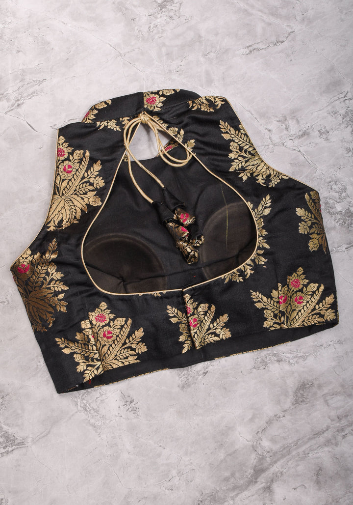 Black Meenakari halter neck mix and match blouse for saree, Made to Order