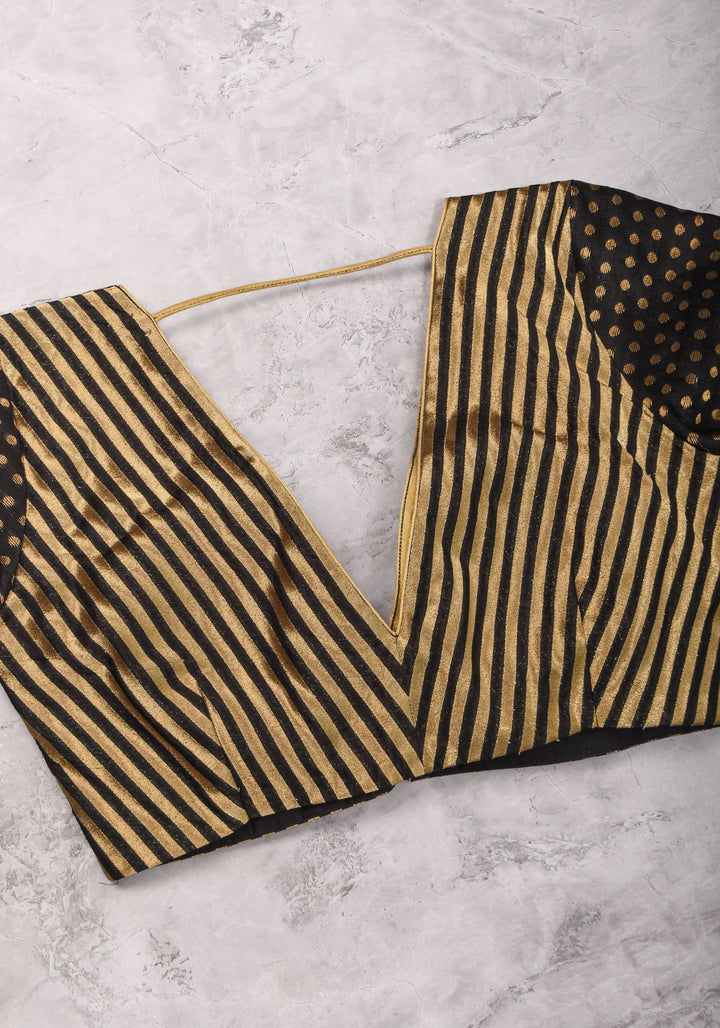 Black and gold stripes and buttas plunge neck mix and match blouse for saree, Made to Order