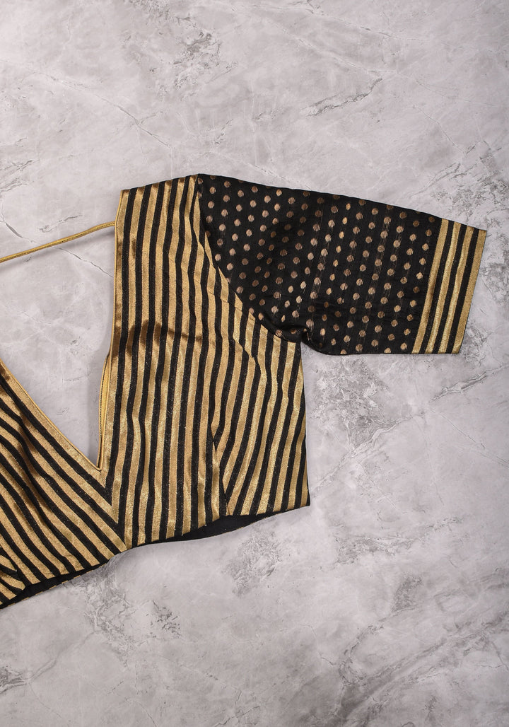 Black and gold stripes and buttas plunge neck mix and match blouse for saree, Made to Order