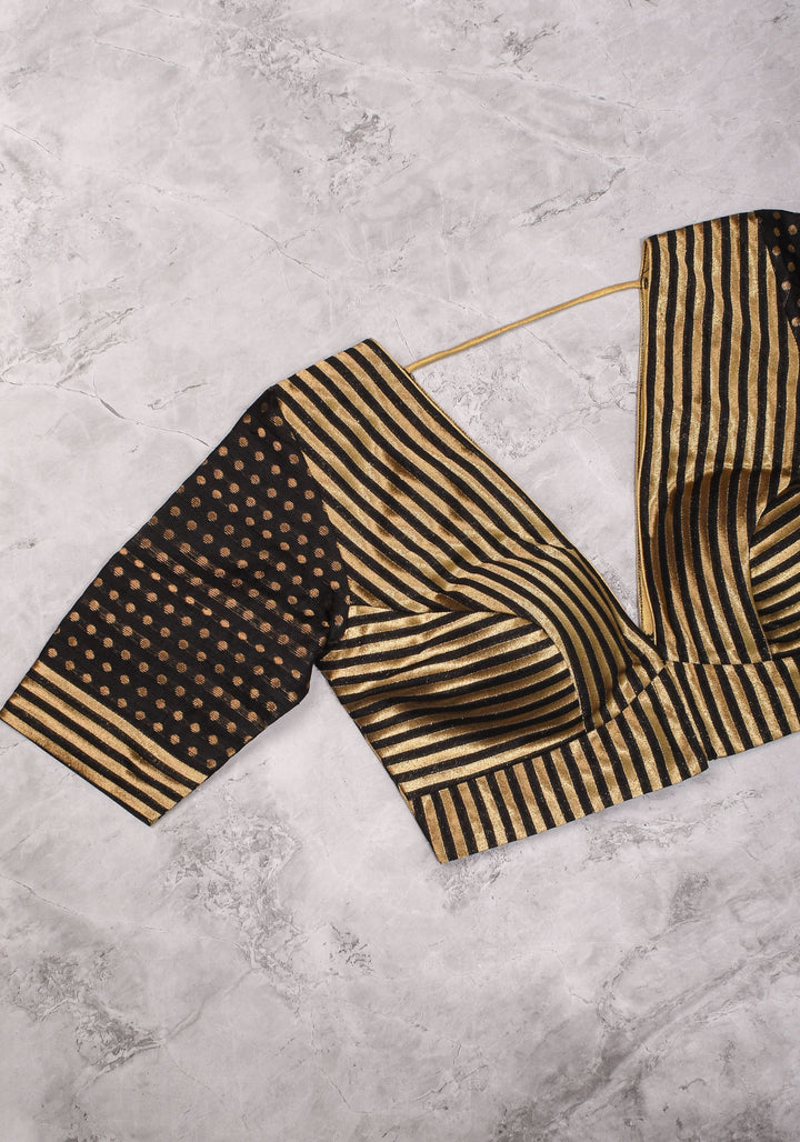 Black and gold stripes and buttas plunge neck mix and match blouse for saree, Made to Order