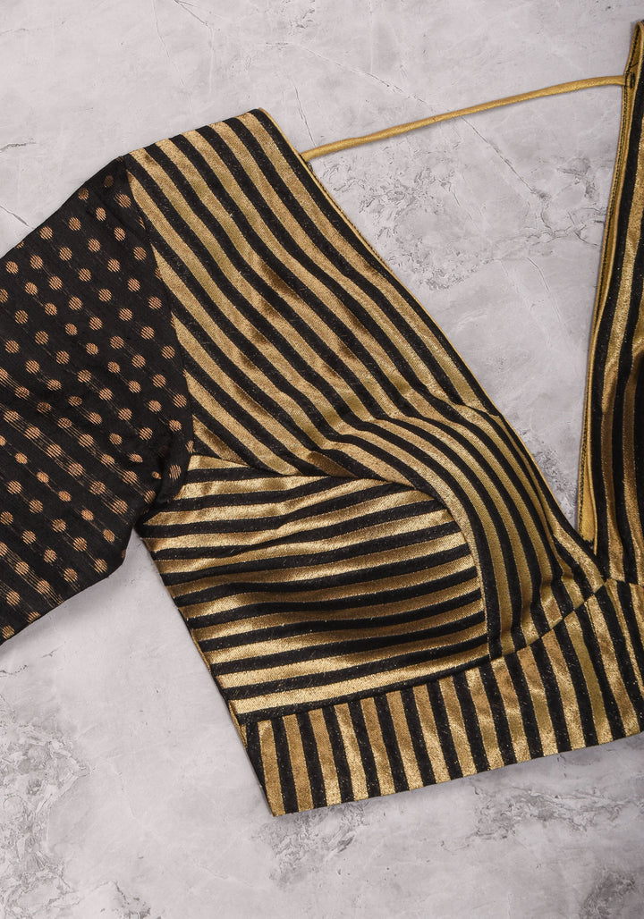 Black and gold stripes and buttas plunge neck mix and match blouse for saree, Made to Order