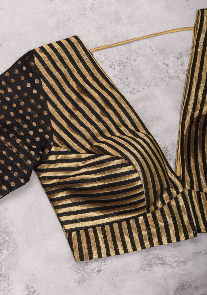 Black and gold stripes and buttas plunge neck mix and match blouse for saree, Made to Order