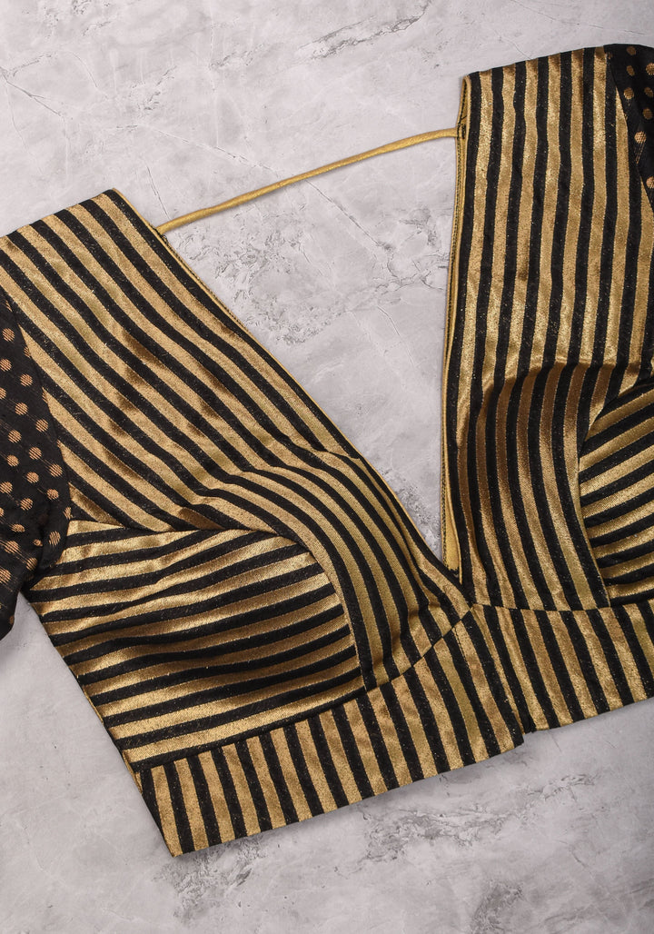 Black and gold stripes and buttas plunge neck mix and match blouse for saree, Made to Order