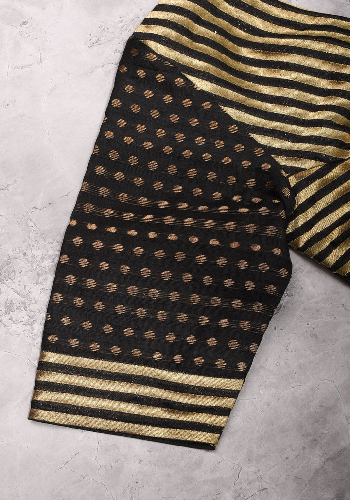 Black and gold stripes and buttas plunge neck mix and match blouse for saree, Made to Order