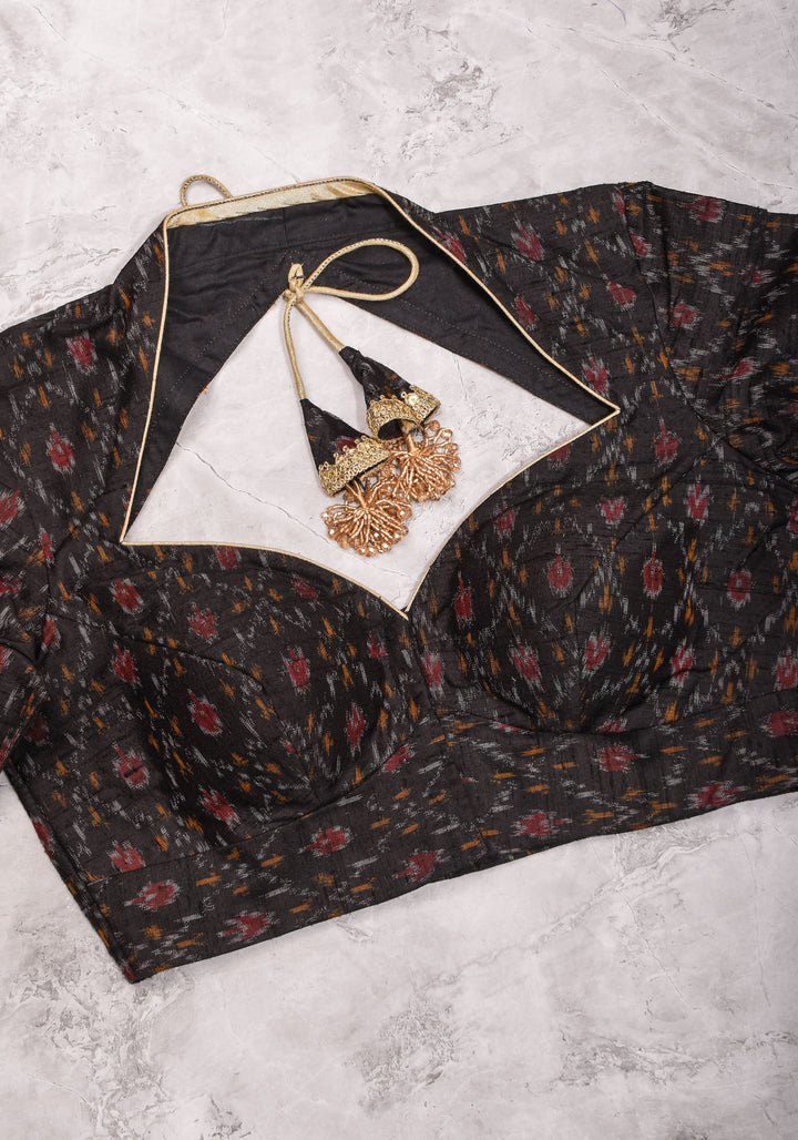 Black Pure Raw Silk Ikkat Weave blouse with Sweetheart neck,3/4 sleeves and gotta detailing, Made to Order