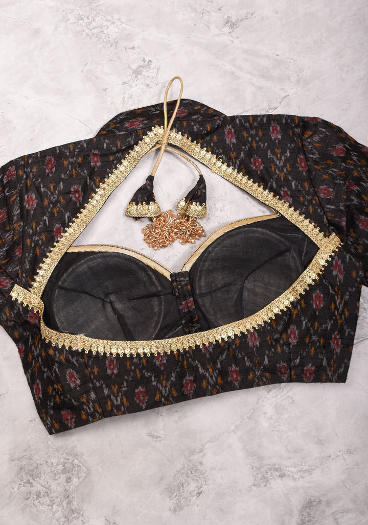 Black Pure Raw Silk Ikkat Weave blouse with Sweetheart neck,3/4 sleeves and gotta detailing, Made to Order