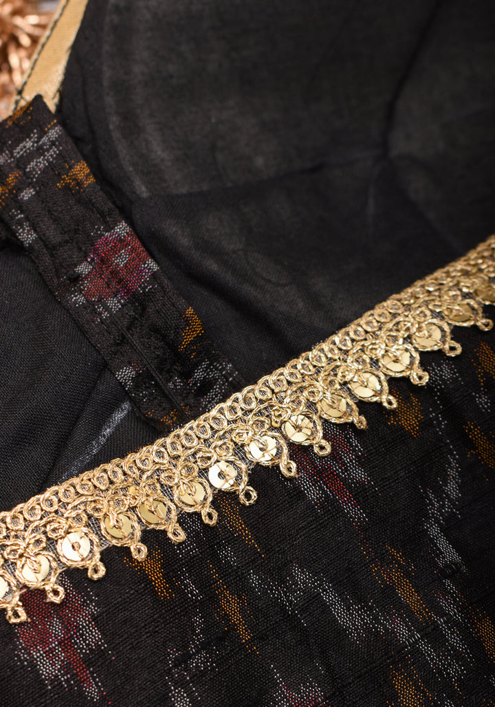 Black Pure Raw Silk Ikkat Weave blouse with Sweetheart neck,3/4 sleeves and gotta detailing, Made to Order