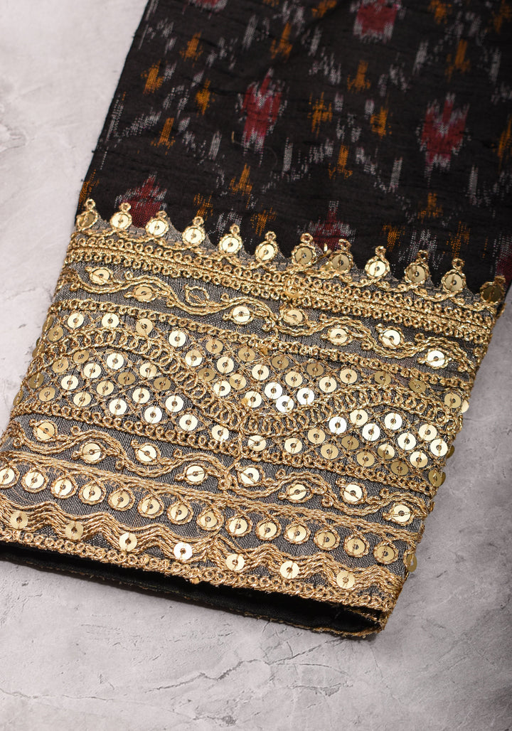 Black Pure Raw Silk Ikkat Weave blouse with Sweetheart neck,3/4 sleeves and gotta detailing, Made to Order
