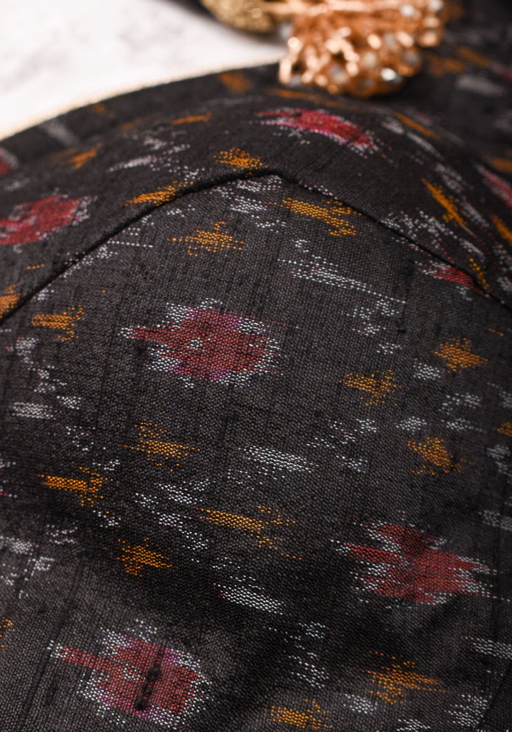 Black Pure Raw Silk Ikkat Weave blouse with Sweetheart neck,3/4 sleeves and gotta detailing, Made to Order