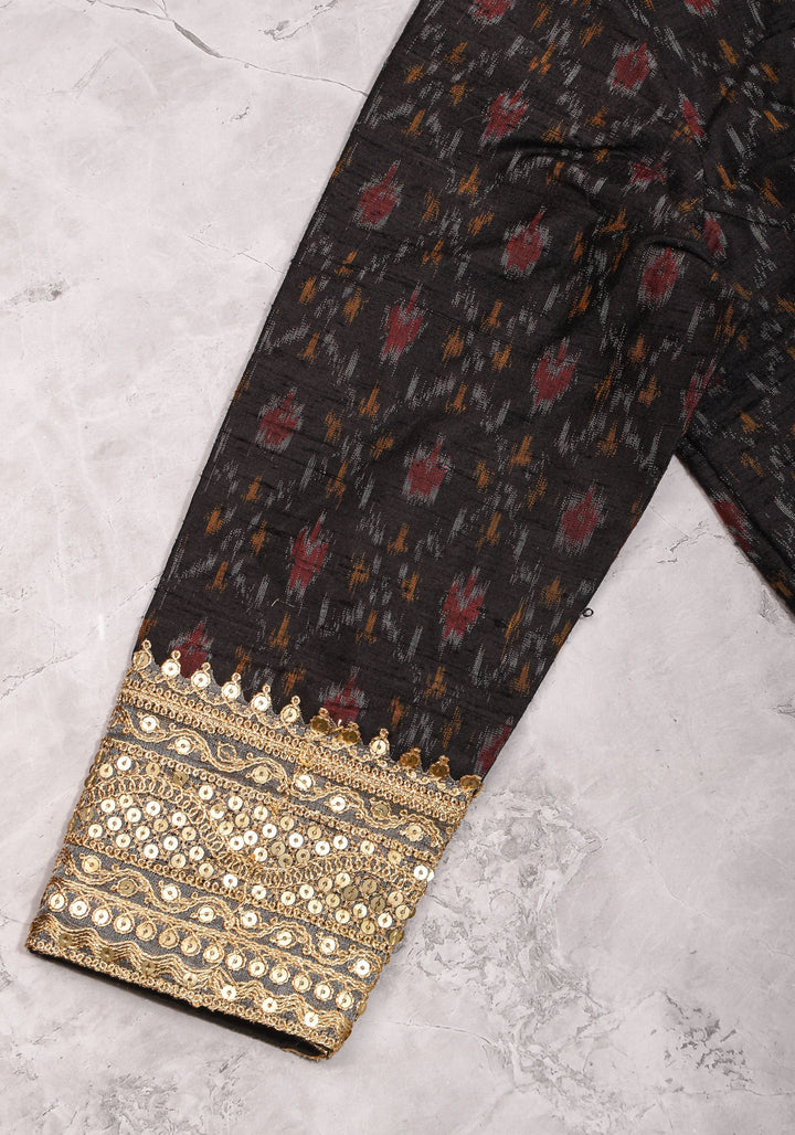 Black Pure Raw Silk Ikkat Weave blouse with Sweetheart neck,3/4 sleeves and gotta detailing, Made to Order