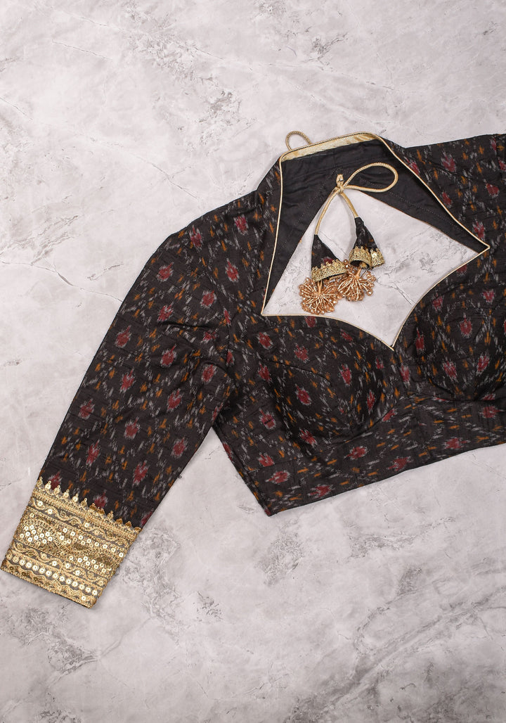 Black Pure Raw Silk Ikkat Weave blouse with Sweetheart neck,3/4 sleeves and gotta detailing, Made to Order