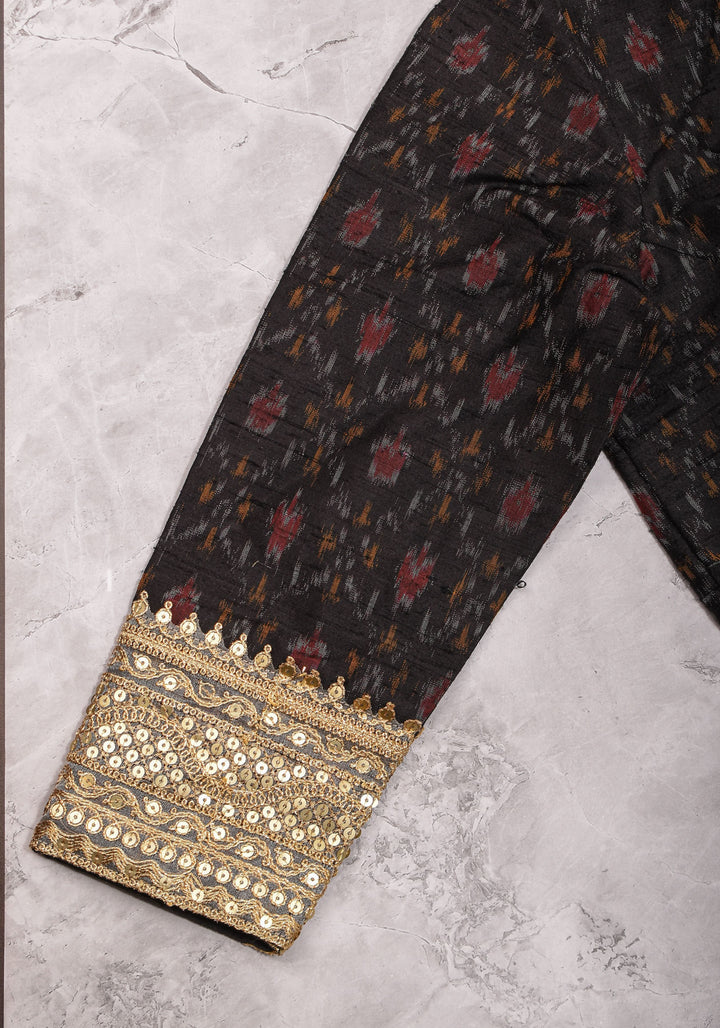 Black Pure Raw Silk Ikkat Weave blouse with Sweetheart neck,3/4 sleeves and gotta detailing, Made to Order
