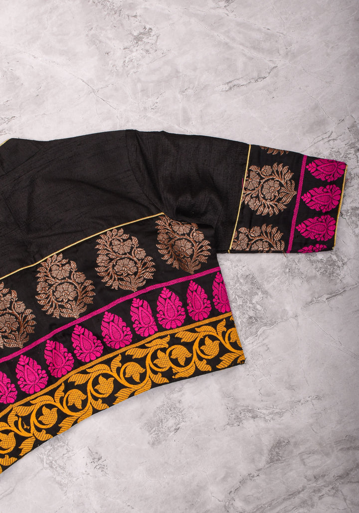 Black Pure Raw Silk with Meenakari Brocade Border V Neck Blouse, Made to Order