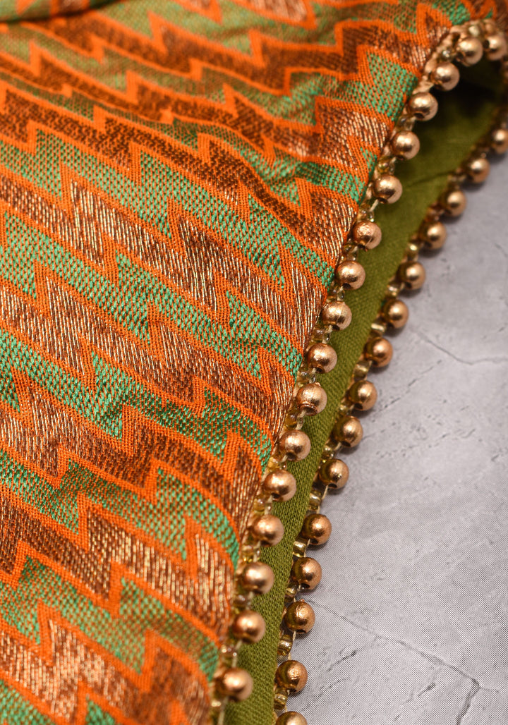Henna Green and orange Jacquard boatneck blouse with plain silk detailing, Made to Order