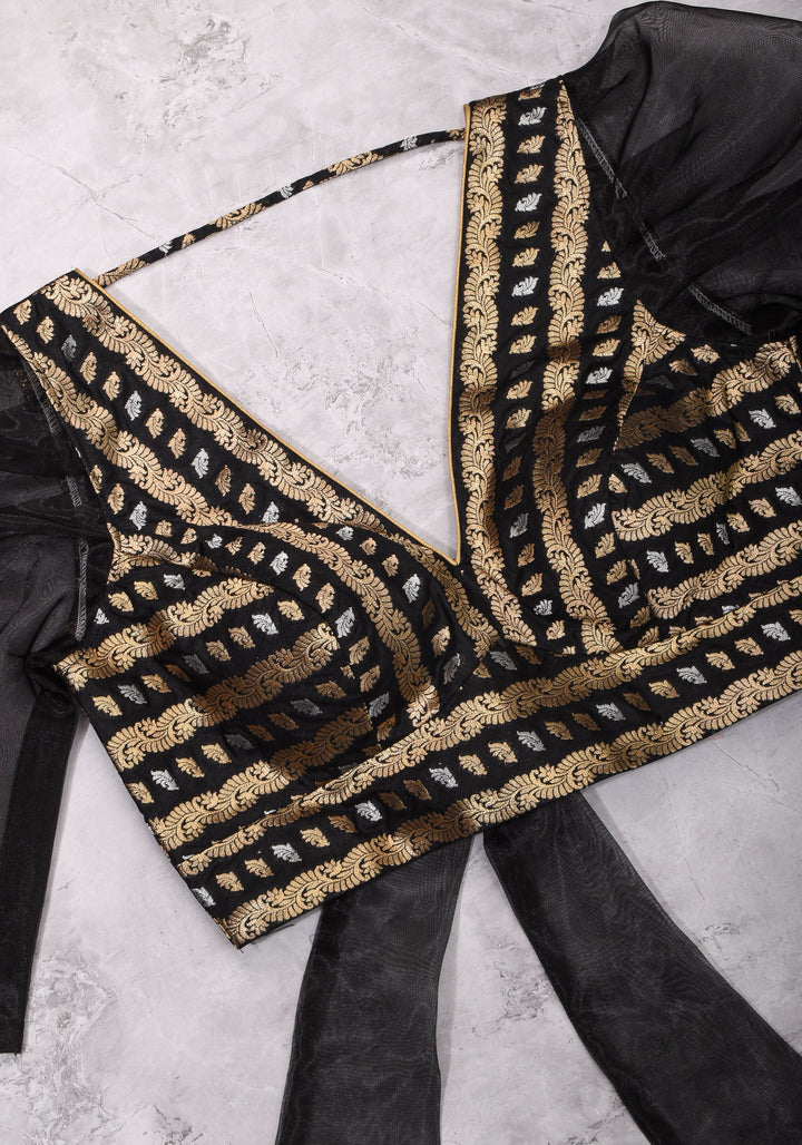 Black Brocade Blouse with Organza Puff Sleeves  Mix and Match Blouse for saree, Made to Order