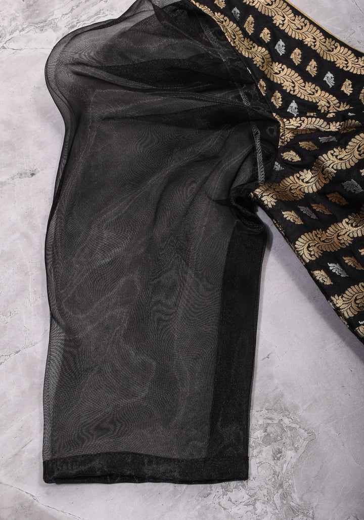 Black Brocade Blouse with Organza Puff Sleeves  Mix and Match Blouse for saree, Made to Order