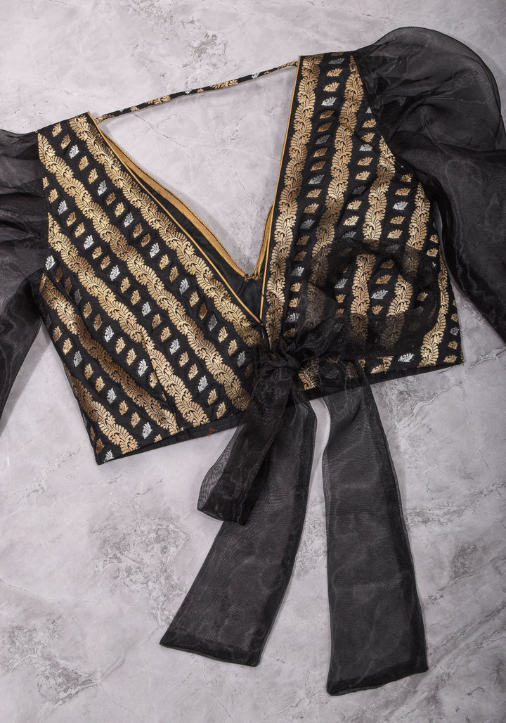 Black Brocade Blouse with Organza Puff Sleeves  Mix and Match Blouse for saree, Made to Order