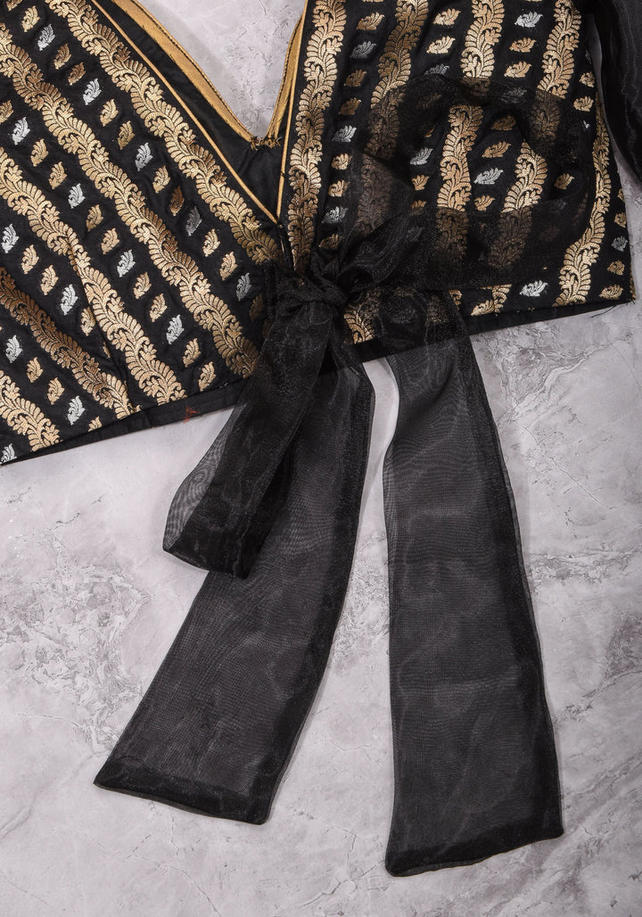Black Brocade Blouse with Organza Puff Sleeves  Mix and Match Blouse for saree, Made to Order