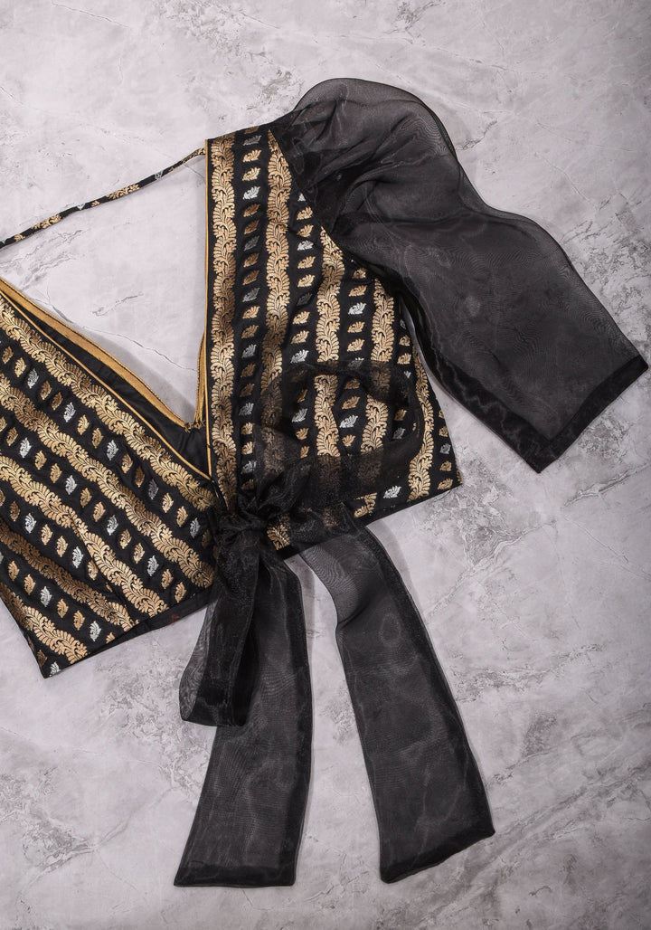 Black Brocade Blouse with Organza Puff Sleeves  Mix and Match Blouse for saree, Made to Order
