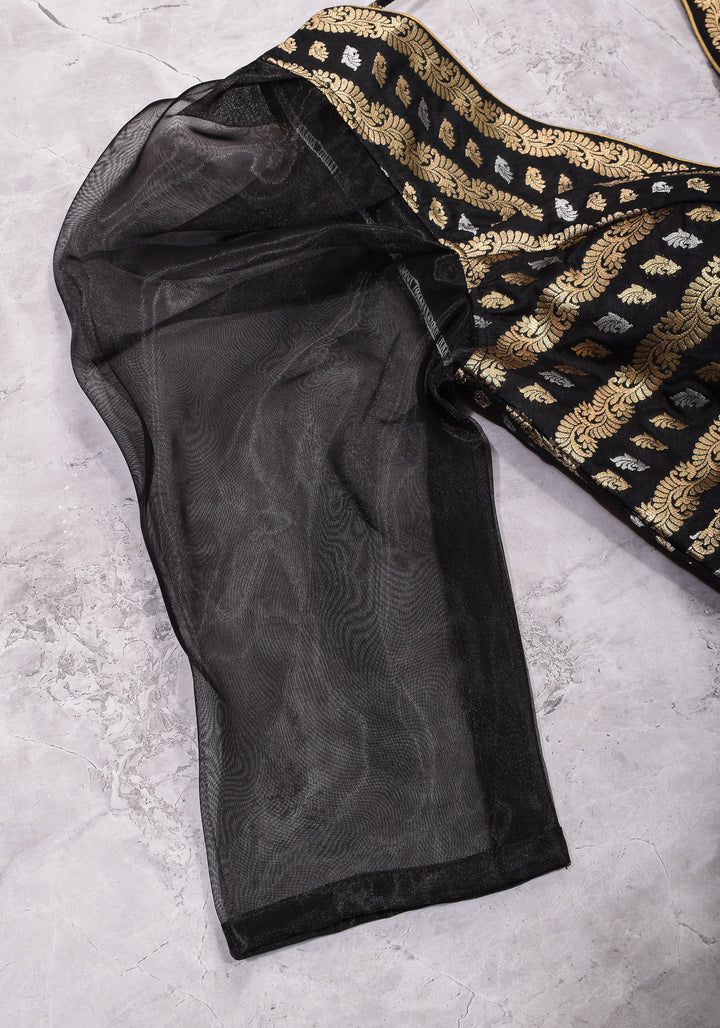 Black Brocade Blouse with Organza Puff Sleeves  Mix and Match Blouse for saree, Made to Order
