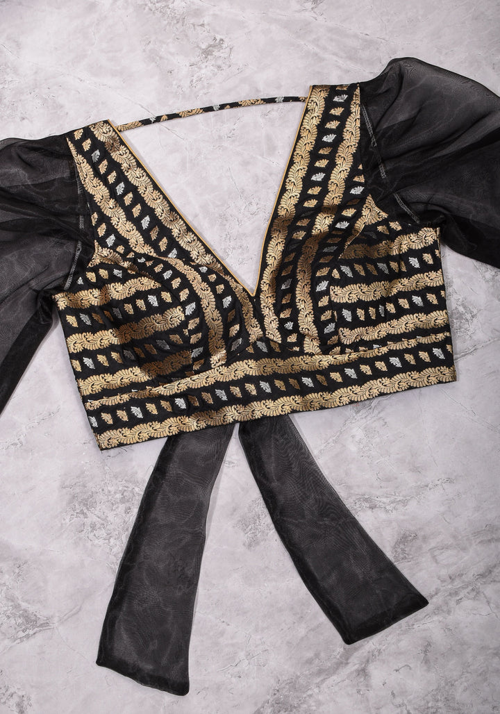 Black Brocade Blouse with Organza Puff Sleeves  Mix and Match Blouse for saree, Made to Order