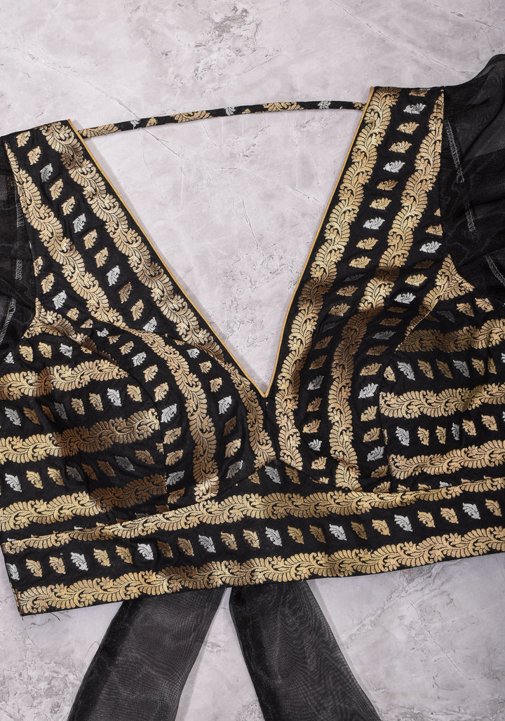 Black Brocade Blouse with Organza Puff Sleeves  Mix and Match Blouse for saree, Made to Order
