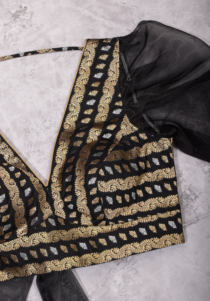 Black Brocade Blouse with Organza Puff Sleeves  Mix and Match Blouse for saree, Made to Order