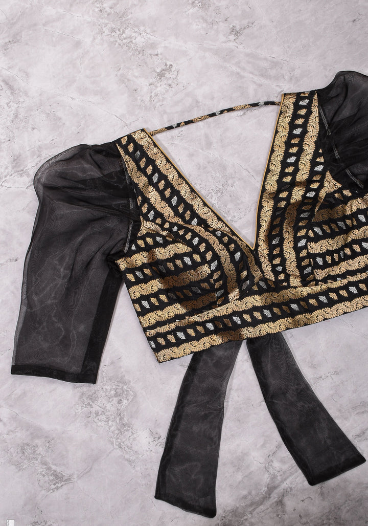Black Brocade Blouse with Organza Puff Sleeves  Mix and Match Blouse for saree, Made to Order