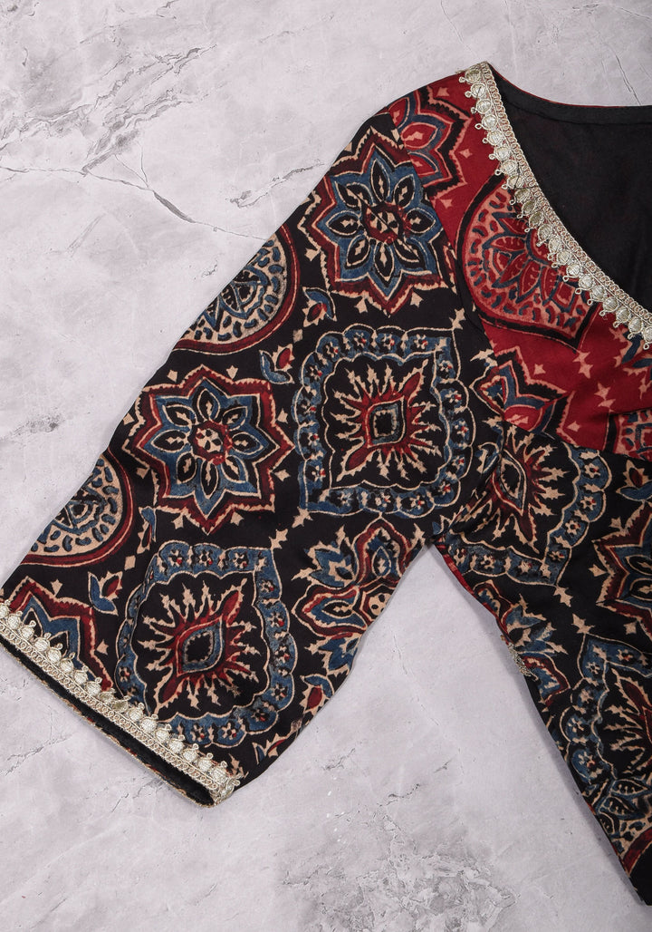 Black and Red Ajrakh Modal Silk Blouse with gota detailing  Mix and Match Blouse for saree, Made to Order