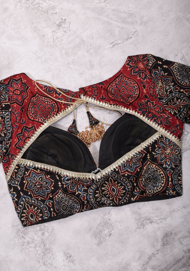Black and Red Ajrakh Modal Silk Blouse with gota detailing  Mix and Match Blouse for saree, Made to Order