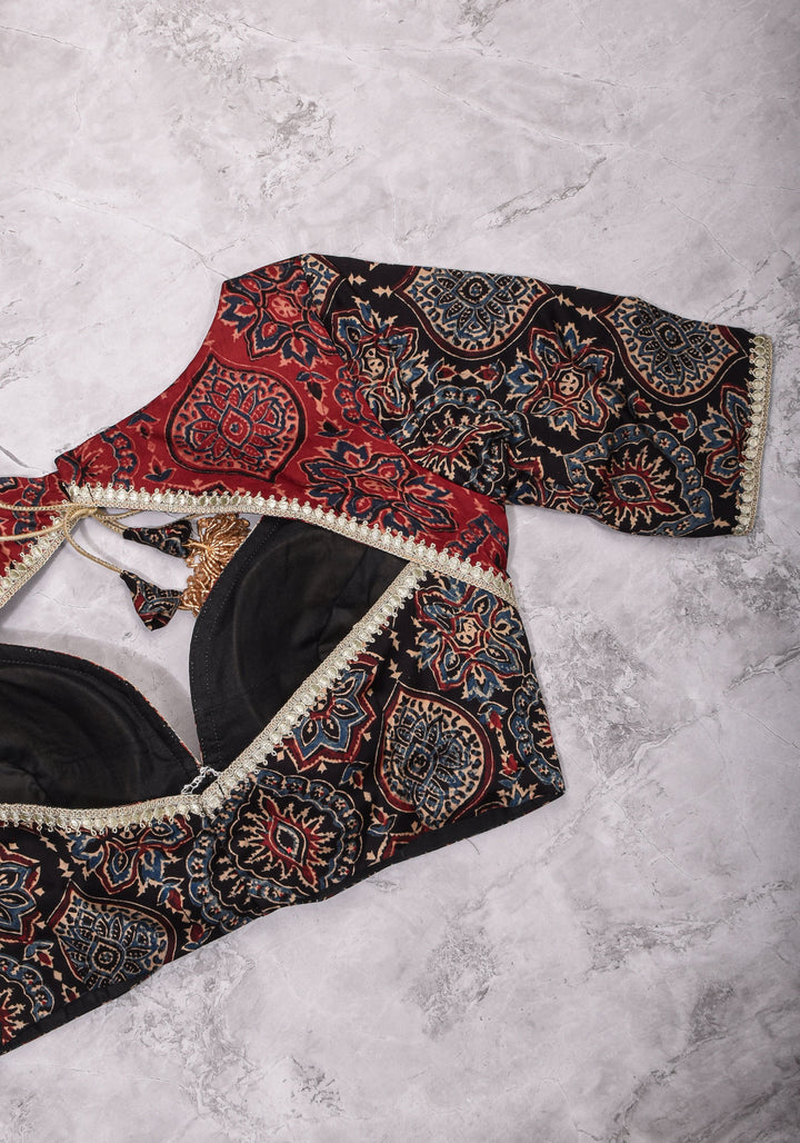 Black and Red Ajrakh Modal Silk Blouse with gota detailing  Mix and Match Blouse for saree, Made to Order